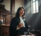 Female lawyer addresses court, presenting arguments during divorce hearing inside traditional wood-paneled courtroom with sunlight