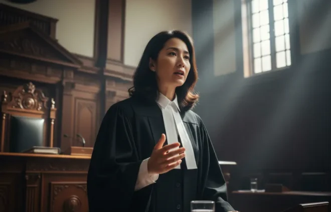 Female lawyer addresses court, presenting arguments during divorce hearing inside traditional wood-paneled courtroom with sunlight