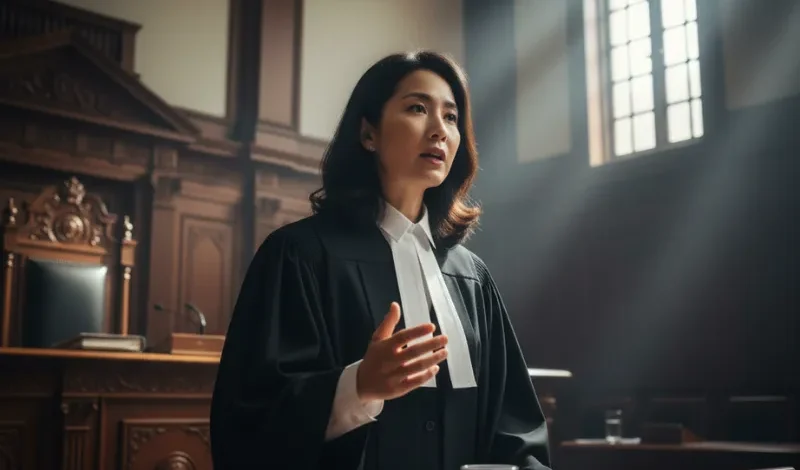 Female lawyer addresses court, presenting arguments during divorce hearing inside traditional wood-paneled courtroom with sunlight