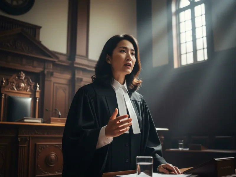 Female lawyer addresses court, presenting arguments during divorce hearing inside traditional wood-paneled courtroom with sunlight