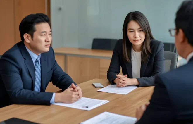 Spouses meet attorney to discuss divorce strategy, documents, settlement options, and upcoming court requirements together