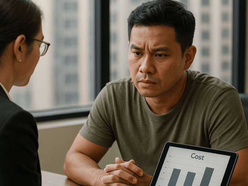 Concerned man meets advisor, reviewing rising costs and budget after divorce, tablet shows expense chart
