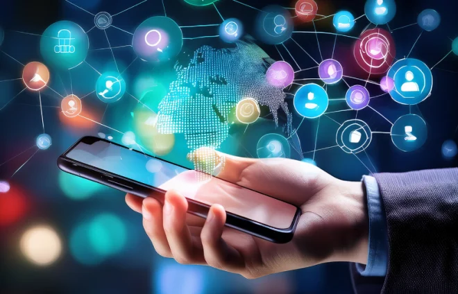 Hand holds phone with global network icons, showing online support and resources during divorce process