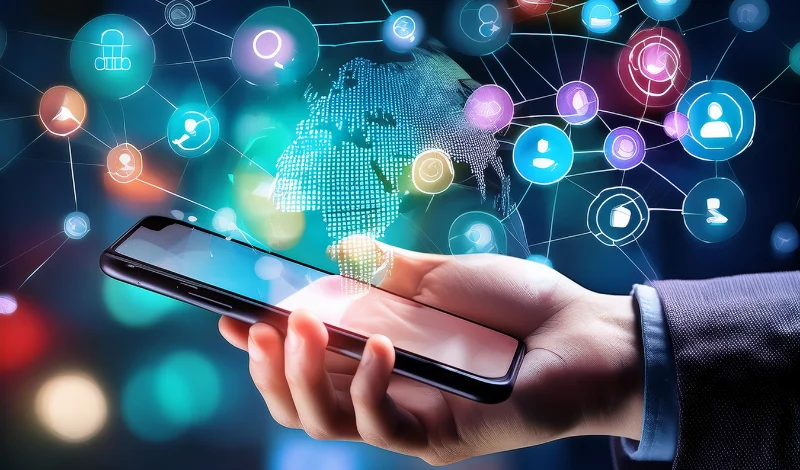 Hand holds phone with global network icons, showing online support and resources during divorce process