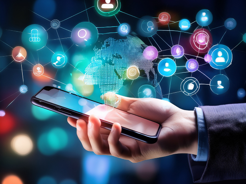 Hand holds phone with global network icons, showing online support and resources during divorce process