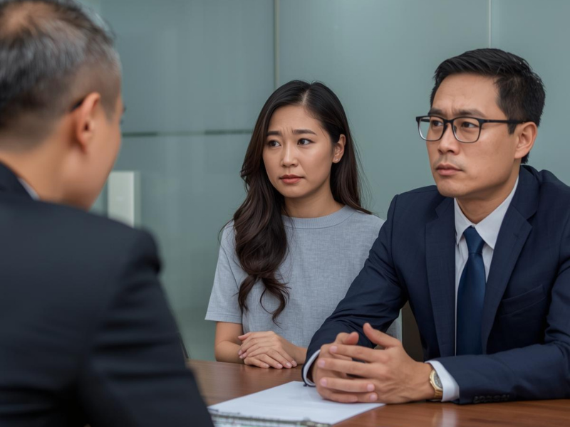 Serious couple consult lawyer in office, discussing child custody, assets, and divorce legal options together