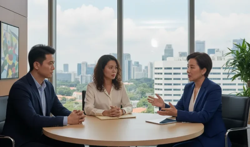 Couple meets female lawyer at round table discussing divorce options, custody arrangements, and next steps