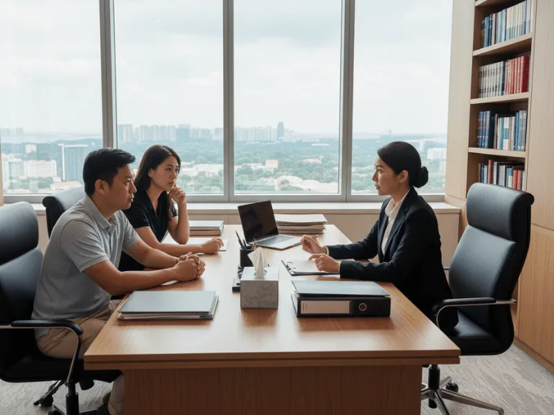 Couple meets with divorce lawyer in modern office, discussing legal options and paperwork across conference table