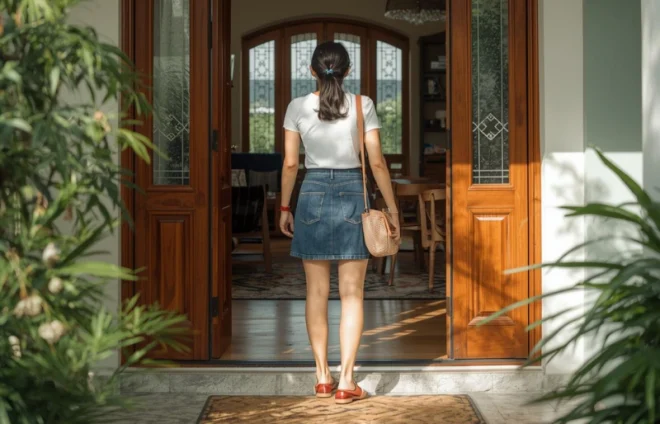 Woman stands at home entrance, hesitating before returning, contemplating separation, divorce, and next steps today