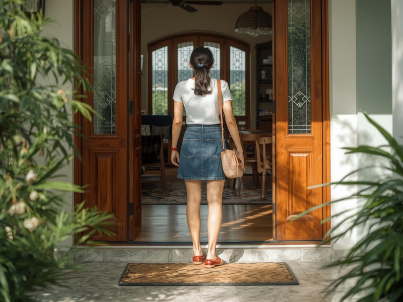Woman stands at home entrance, hesitating before returning, contemplating separation, divorce, and next steps today
