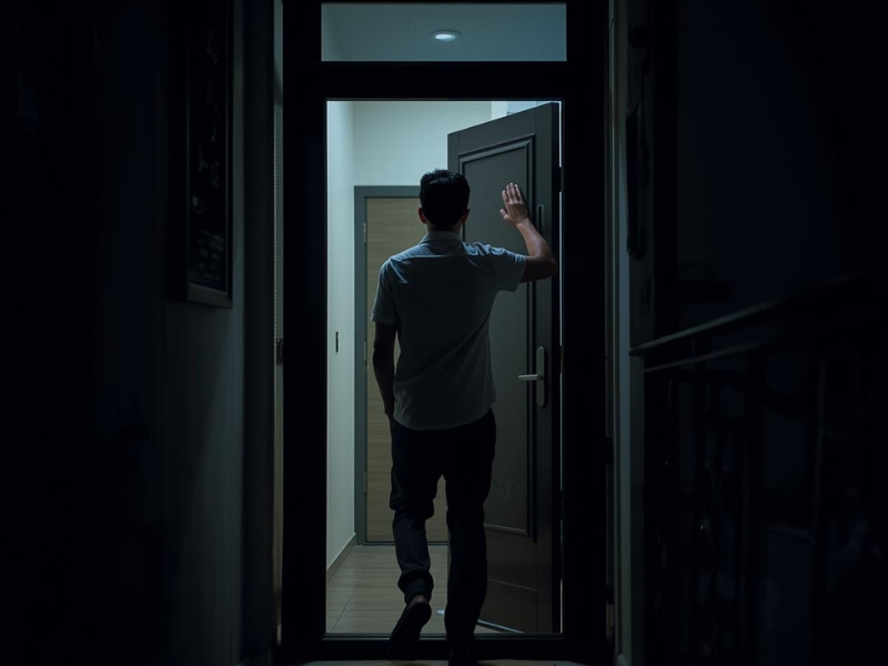 Man walks out through apartment doorway at night, symbolizing separation and divorce decision moment alone