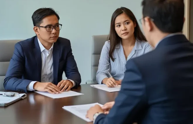 Serious couple consult lawyer about divorce paperwork, custody, and financial arrangements during office meeting today