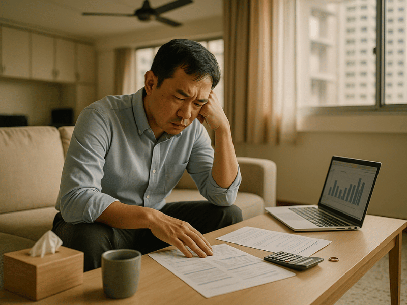 Recently divorced man reviews finances at home, comparing bills and budget with laptop and calculator