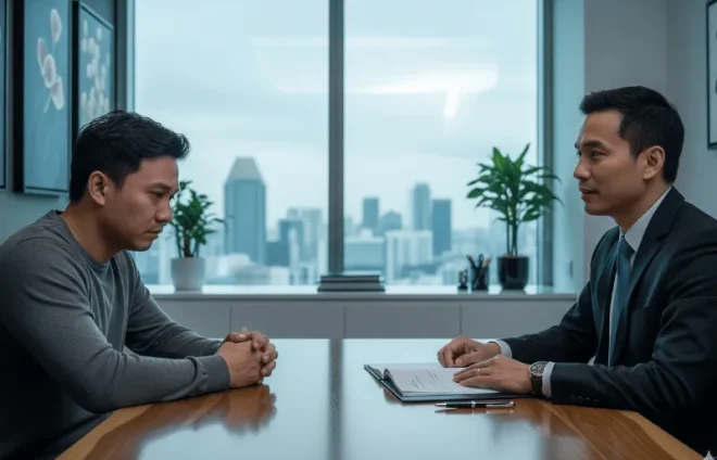 Serious man sits across from male attorney in office, receiving confidential legal guidance during consultation meeting