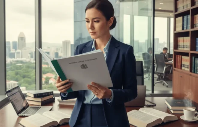 Female lawyer in Singapore office studies Supreme Court folder, surrounded by legal books, laptop, and case notes