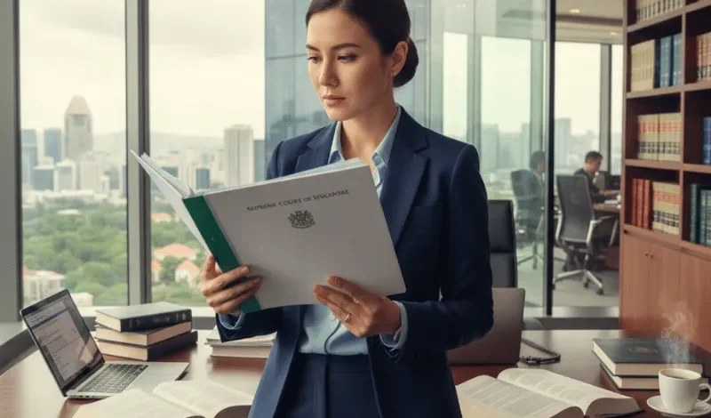Female lawyer in Singapore office studies Supreme Court folder, surrounded by legal books, laptop, and case notes