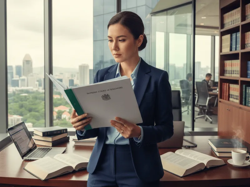 Female lawyer in Singapore office studies Supreme Court folder, surrounded by legal books, laptop, and case notes