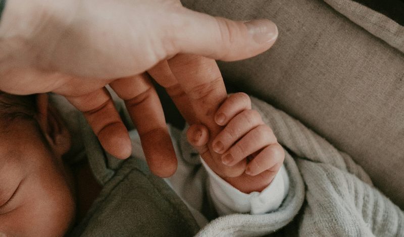 Newborn baby holding an adult finger, representing infant care, family ties, and parental responsibility