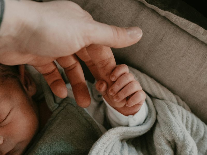 Newborn baby holding an adult finger, representing infant care, family ties, and parental responsibility