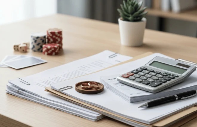 Stack of financial papers with a calculator, pen, poker chips, and two wedding rings on a wooden desk