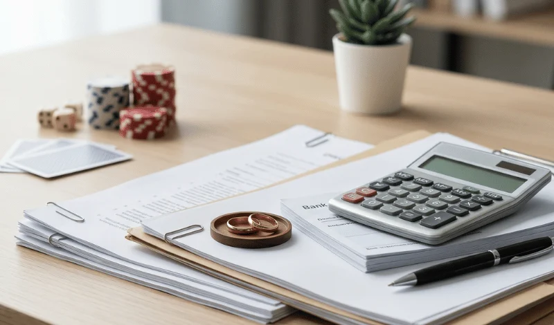 Stack of financial papers with a calculator, pen, poker chips, and two wedding rings on a wooden desk