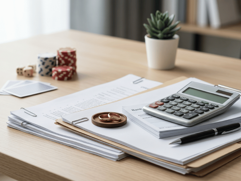 Stack of financial papers with a calculator, pen, poker chips, and two wedding rings on a wooden desk