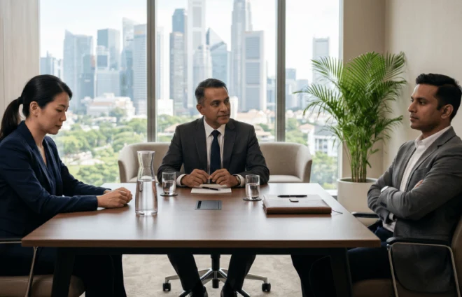 Three professionals seated around a meeting table in a high-rise office with large windows and a city view