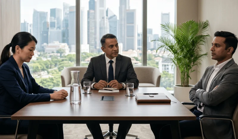 Three professionals seated around a meeting table in a high-rise office with large windows and a city view