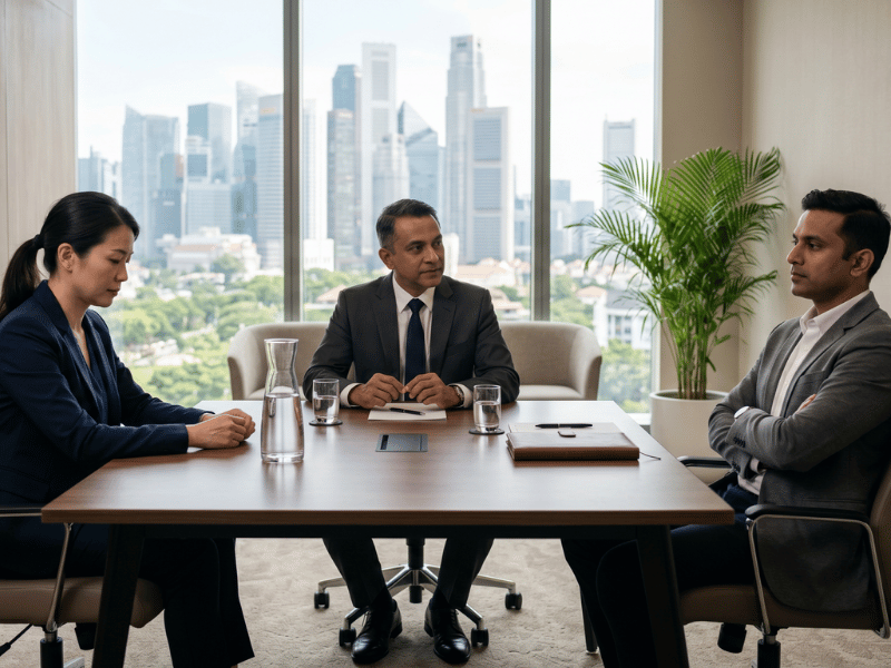 Three professionals seated around a meeting table in a high-rise office with large windows and a city view
