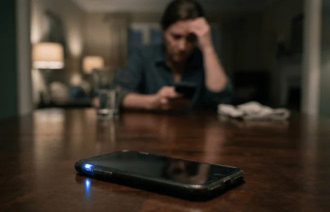 Smartphone on a table in the foreground with a blurred person sitting in the background looking stressed at night