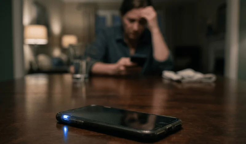 Smartphone on a table in the foreground with a blurred person sitting in the background looking stressed at night