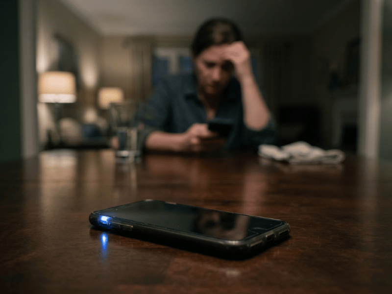 Smartphone on a table in the foreground with a blurred person sitting in the background looking stressed at night