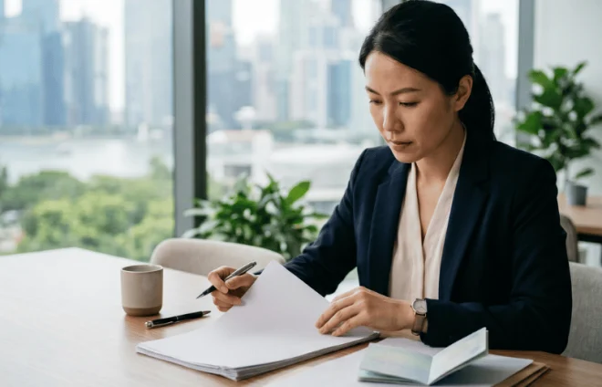 Woman in business attire reviewing documents at a desk in a bright office with a city skyline behind her