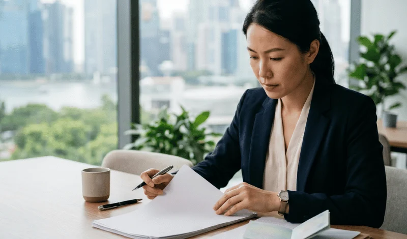Woman in business attire reviewing documents at a desk in a bright office with a city skyline behind her