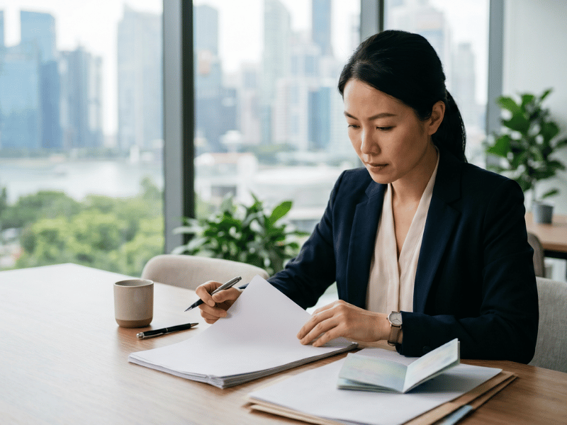 Woman in business attire reviewing documents at a desk in a bright office with a city skyline behind her