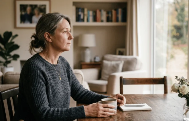 Woman sitting at a wooden table holding a mug and looking out the window with a calculator beside her