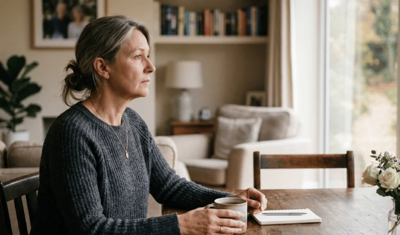 Woman sitting at a wooden table holding a mug and looking out the window with a calculator beside her