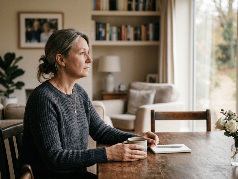 Woman sitting at a wooden table holding a mug and looking out the window with a calculator beside her