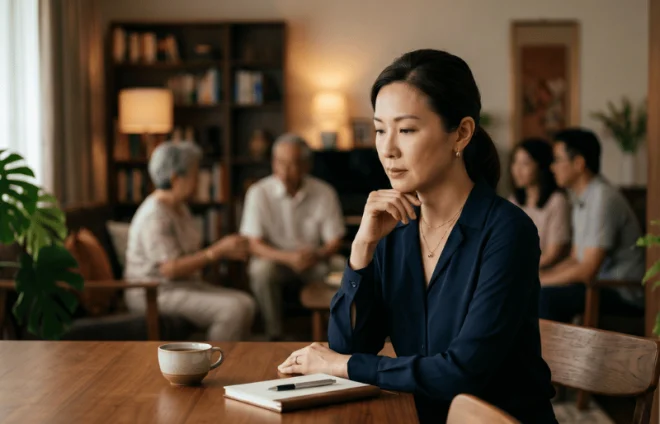 Woman sitting thoughtfully at a table with a notebook and coffee cup while several people talk in the background