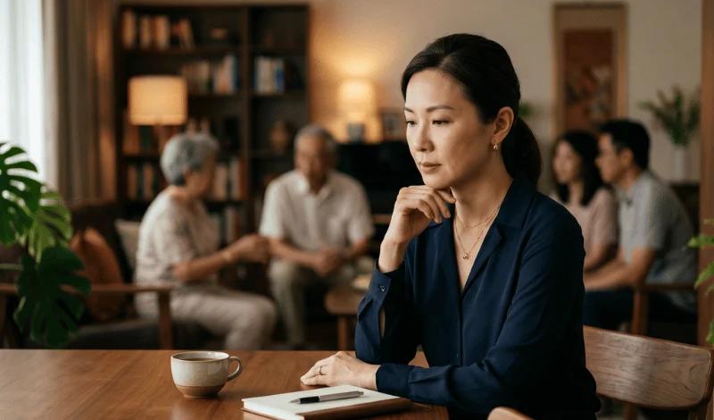 Woman sitting thoughtfully at a table with a notebook and coffee cup while several people talk in the background