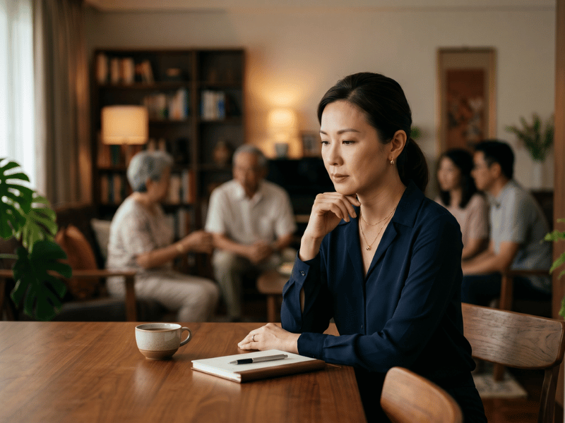 Woman sitting thoughtfully at a table with a notebook and coffee cup while several people talk in the background