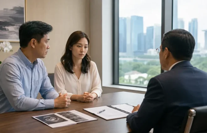 A couple sits across from a divorce lawyer in a modern office while reviewing medical and family law documents related to IVF and surrogacy issues.