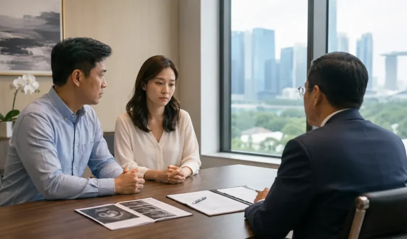 A couple sits across from a divorce lawyer in a modern office while reviewing medical and family law documents related to IVF and surrogacy issues.