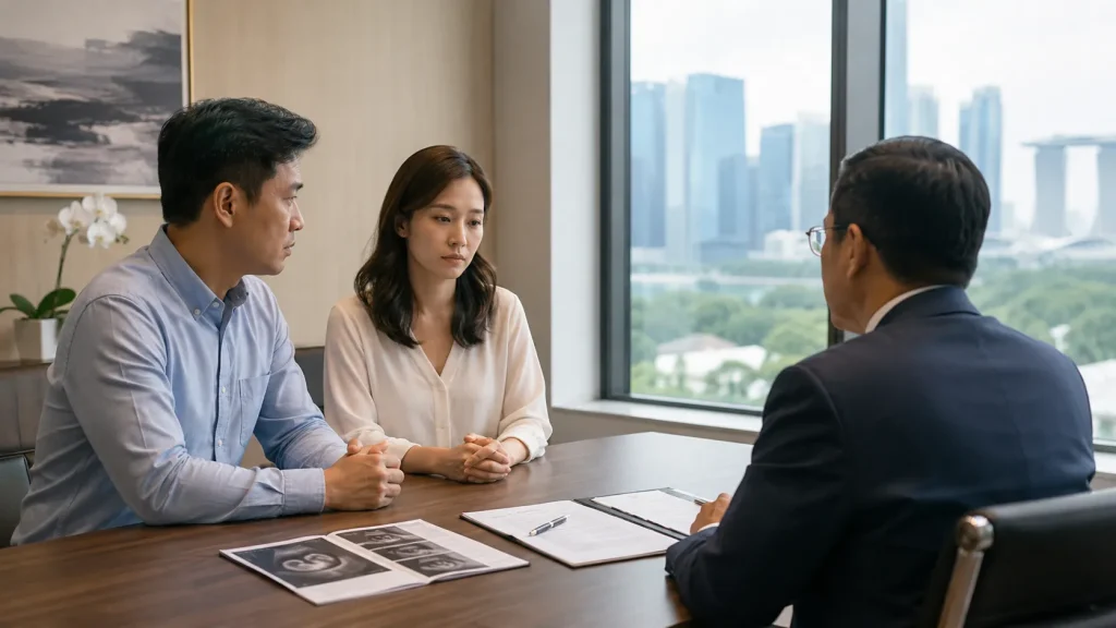 A couple sits across from a divorce lawyer in a modern office while reviewing medical and family law documents related to IVF and surrogacy issues.
