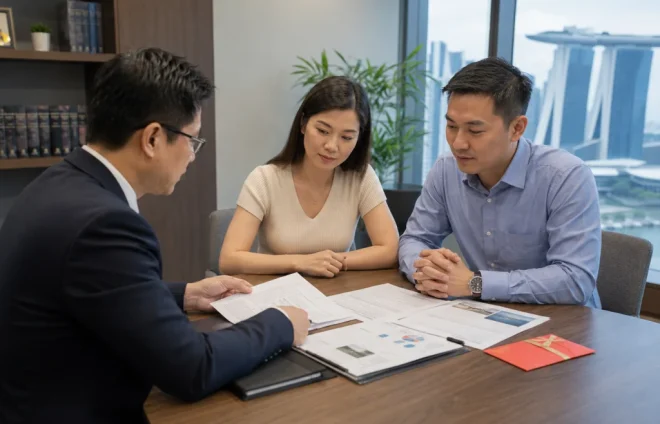 A couple reviews financial and property documents with a divorce lawyer during a calm legal consultation in Singapore