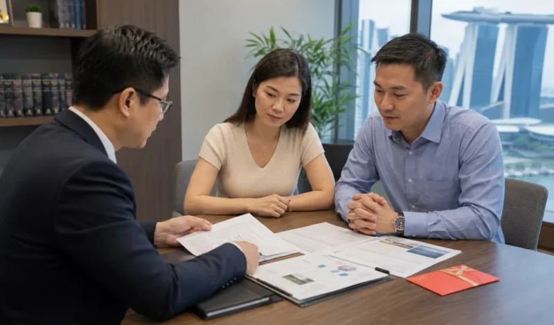 A couple reviews financial and property documents with a divorce lawyer during a calm legal consultation in Singapore