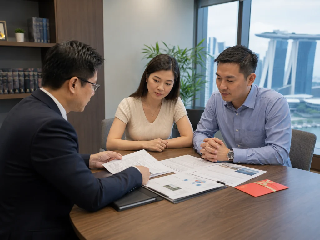 A couple reviews financial and property documents with a divorce lawyer during a calm legal consultation in Singapore