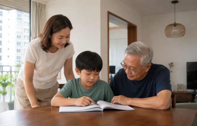 A child studies with a grandparent at home while a parent watches nearby, illustrating family support after meeting a divorce lawyer.