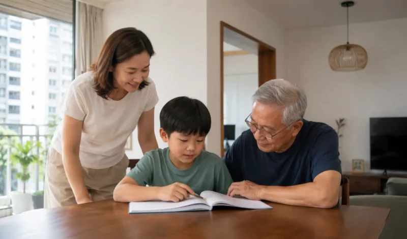 A child studies with a grandparent at home while a parent watches nearby, illustrating family support after meeting a divorce lawyer.
