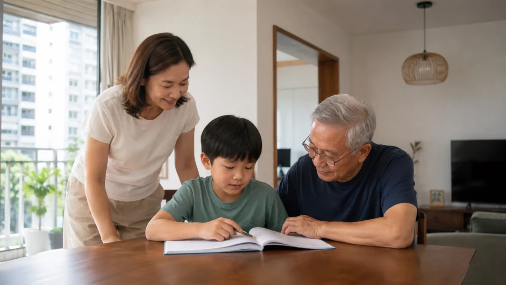 A child studies with a grandparent at home while a parent watches nearby, illustrating family support after meeting a divorce lawyer.